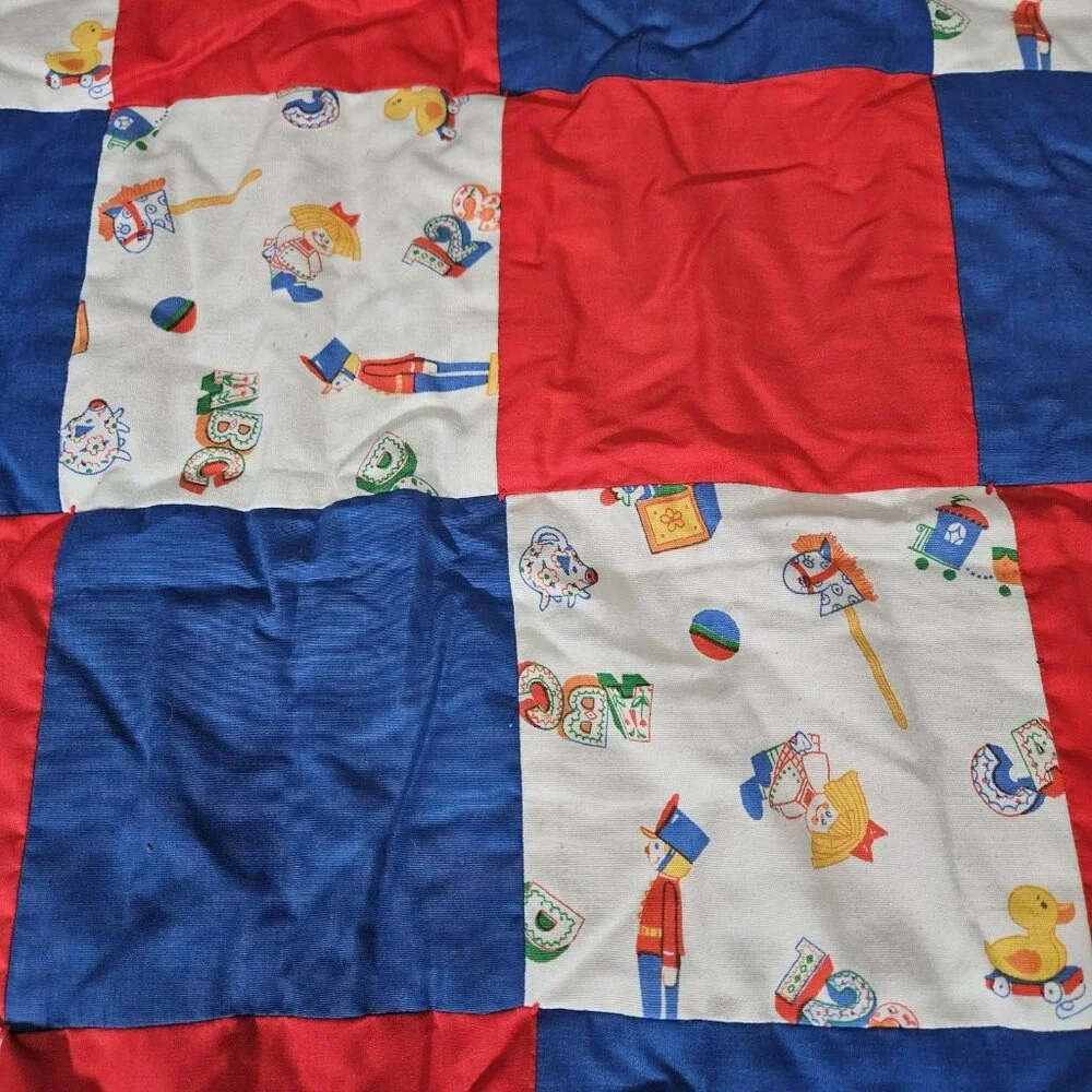 Handmade Baby Quilt Crib Red Gingham Patchwork BABY Applique Reversible 44x37